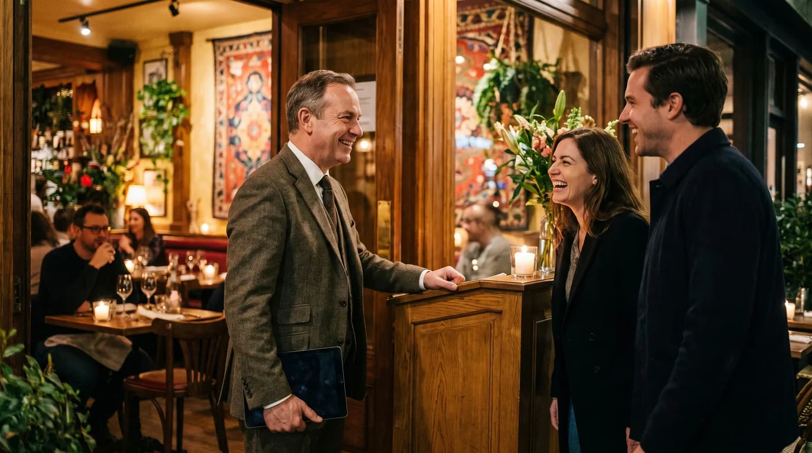 Un maître d'hôtel accueille un couple à l'entrée du restaurant