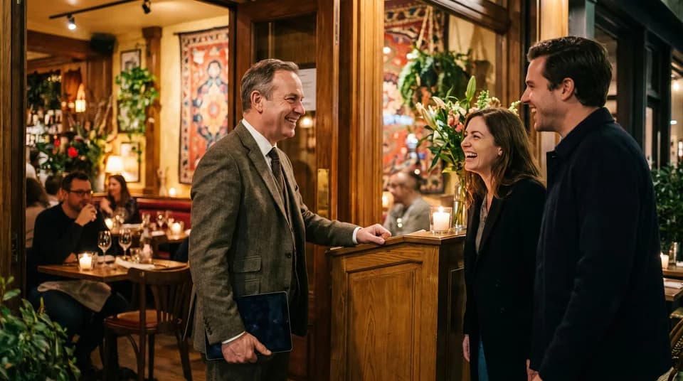 Un maître d'hôtel accueille des clients au restaurant
