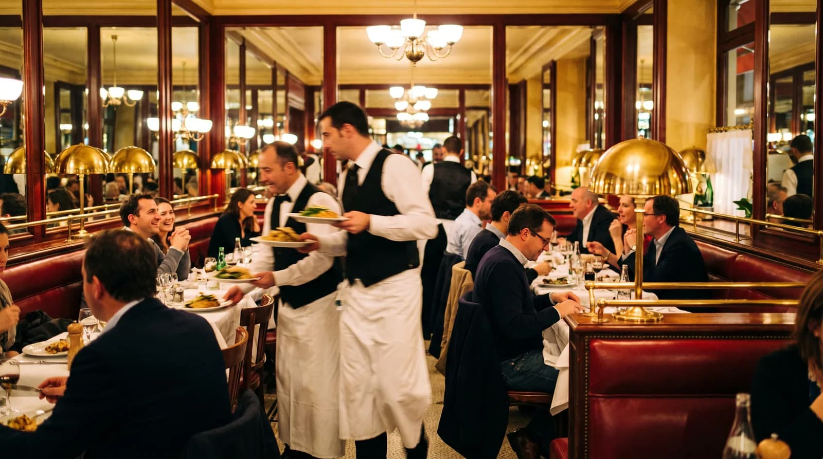 Des serveurs en tablier traversent une brasserie pleine pendant le service du soir