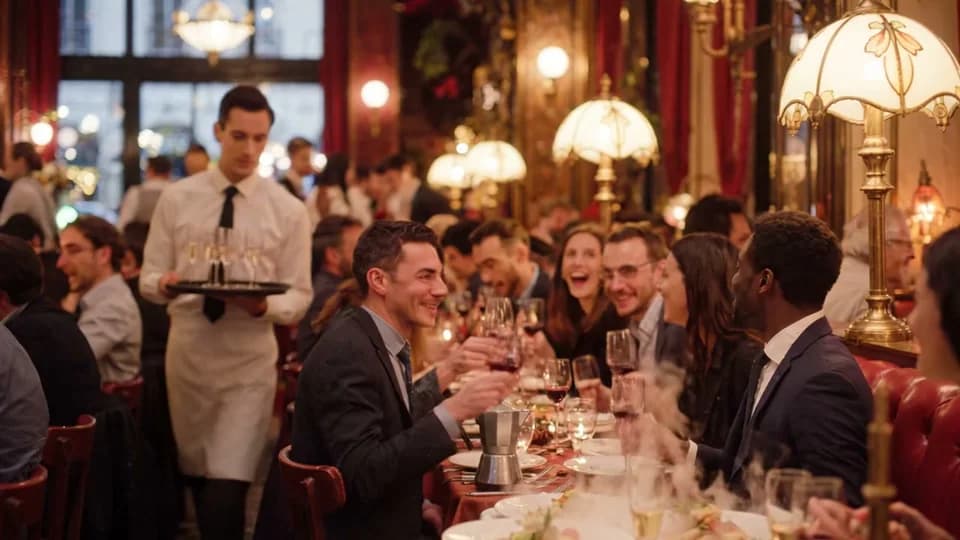 Des convives trinquent pendant une soirée animée dans une brasserie