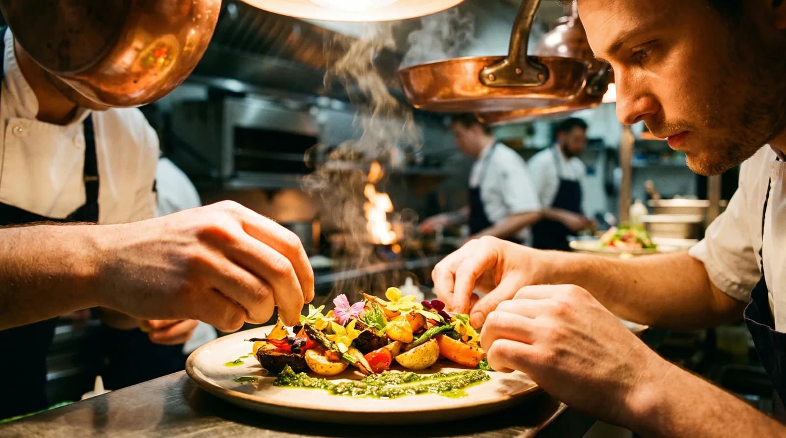Un chef dresse une assiette au passe