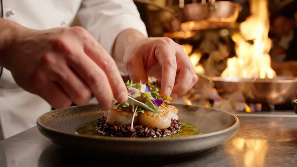 Un chef dresse une assiette de saint-jacques au passe, flammes en arrière-plan