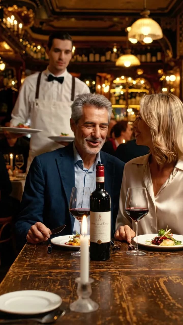 Un couple d'habitués dîne à une table du bistrot, un serveur apporte les assiettes
