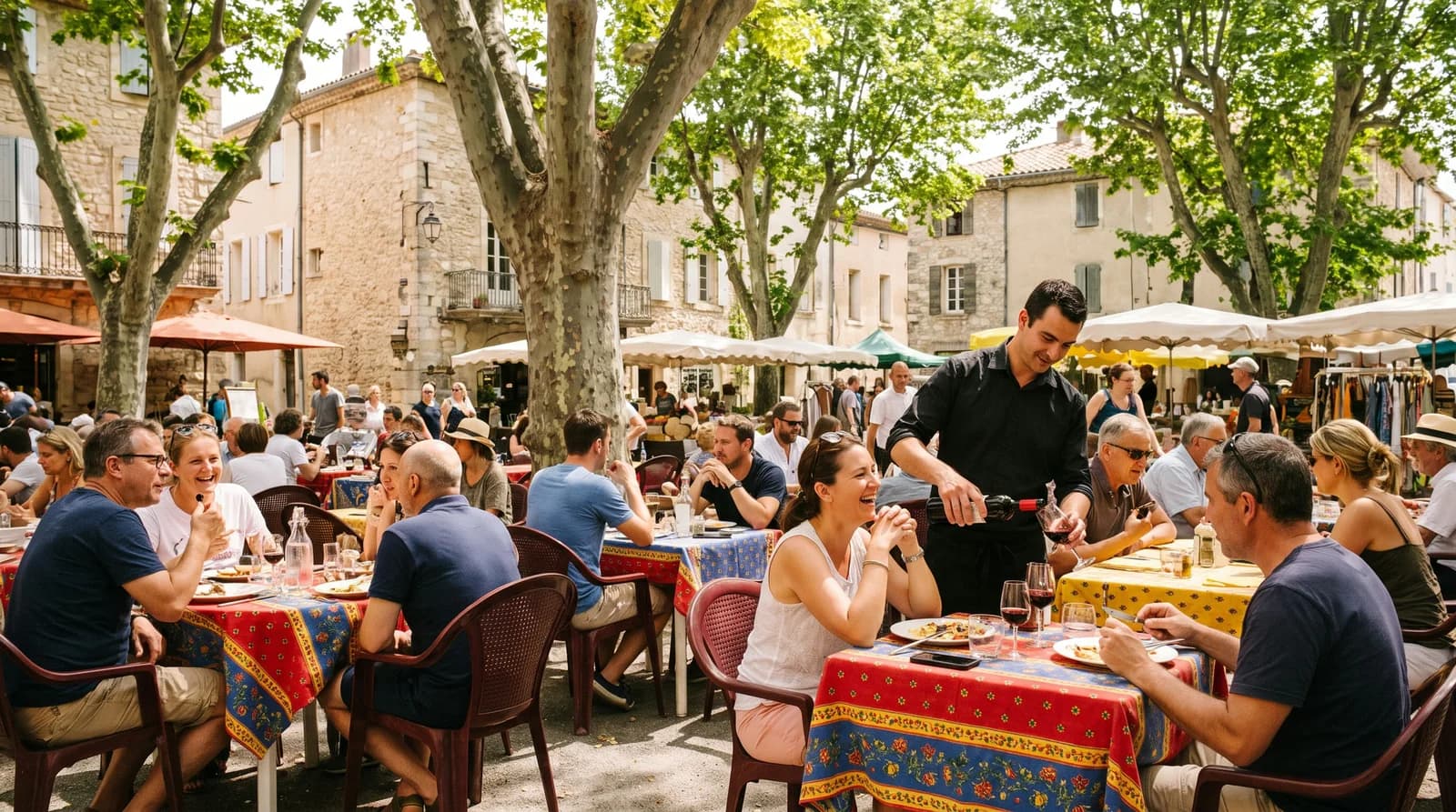 Terrasse d'un restaurant de village pendant le déjeuner