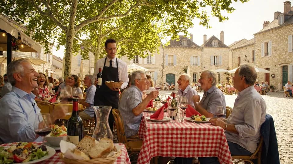 Une tablée de clients rit en terrasse sur une place de village, un serveur passe avec le vin